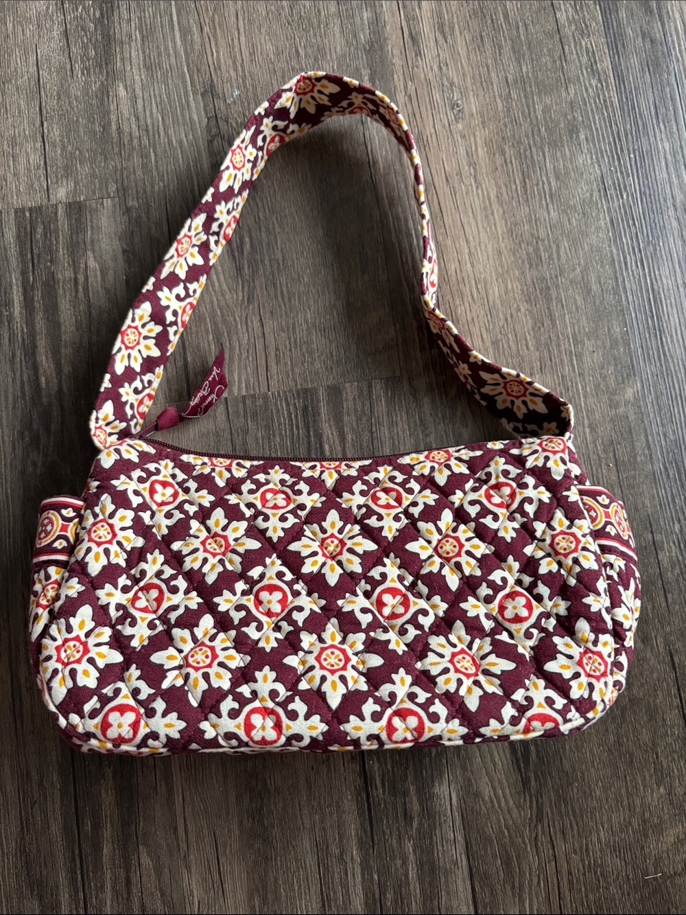 Vera Bradley Quilted Small Single Wide Strap Tote Handbag Burgundy Floral Print